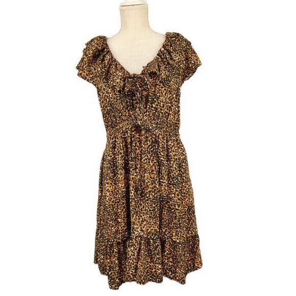 Old Navy Leopard Print Waist Defined Mini Dress Women's M Ruffle V Neck Brown - Picture 1 of 7
